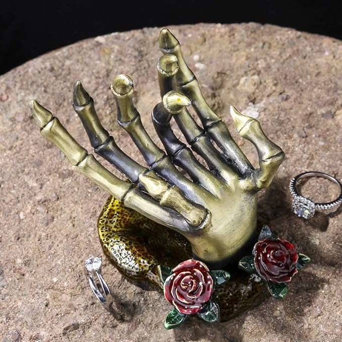 YU FENG Gothic Rose Skeleton Hand Jewelry Holder for Halloween Decor Rings Necklaces and Jewellery Accessories Hand Form Display Holders for Women Gift