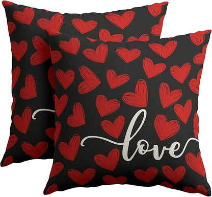 Valentines Day Pillow Covers 18x18 Set of 2 Black Heart Throw Pillow Covers Love Pillowcase Linen Decoration Farmhouse Holiday Cozy Soft Cushion Case Couch for Indoor Outdoor Home Decor