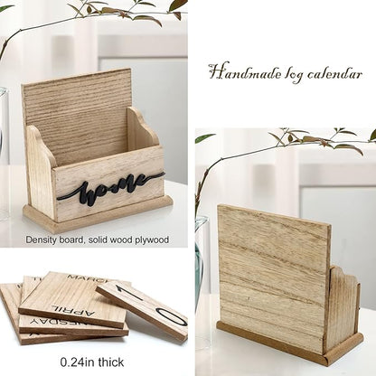 Notakia Perpetual Calendar Wooden Calendar Blocks Vintage Wood Block Calendar for Home Office Desk Accessories Week Month Date Display (Wood Color Home)