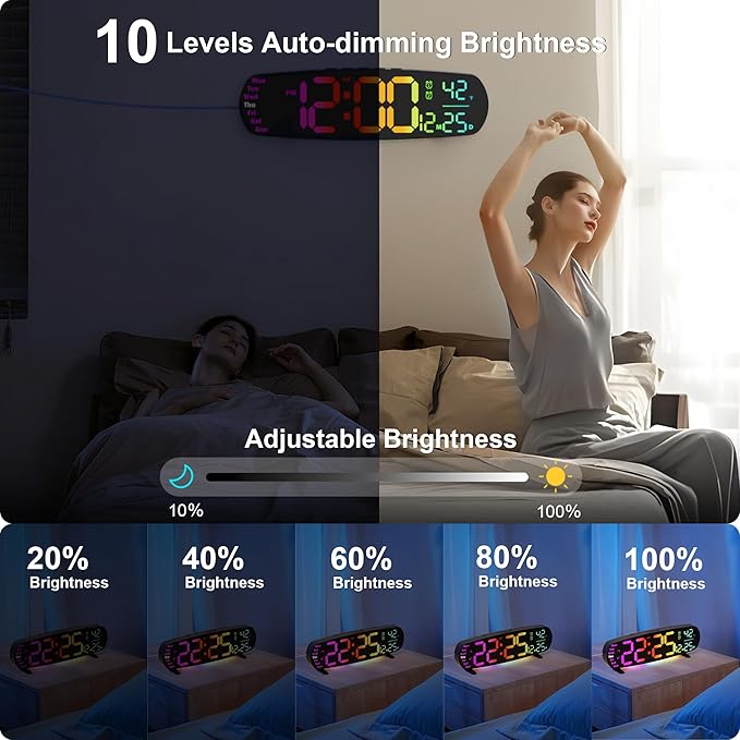 13.7" Digital Wall Clock Desk Clocks with Temperature, 11 RGB Colors, Night Lights, Alarms, Auto Dimming, Timer, DST, Remote Control, Digital Clock for Classroom Livingroom Gym Gaming, Gift for Senior