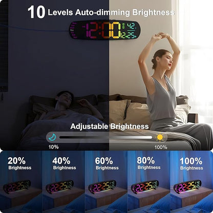 13.7" Digital Wall Clock Desk Clocks with Temperature, 11 RGB Colors, Night Lights, Alarms, Auto Dimming, Timer, DST, Remote Control, Digital Clock for Classroom Livingroom Gym Gaming, Gift for Senior