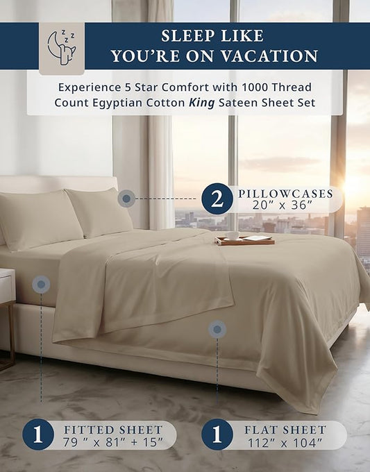 100% Egyptian Cotton King Sheet Set – 1000 Thread Count Naturally Cooling & Breathable Sateen King Sheets, Authentic Long-Staple Cotton for Lasting Softness, Snug Fit 15" Deep Pocket Fitted - Taupe