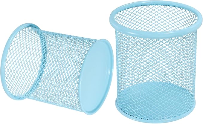 uxcell 2Pcs Mesh Pencil Holder, Metal Pen Cup Desk Organizer Makeup Brush Cup Holder for Home, Office, Classroom(Light Blue)