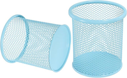 uxcell 2Pcs Mesh Pencil Holder, Metal Pen Cup Desk Organizer Makeup Brush Cup Holder for Home, Office, Classroom(Light Blue)