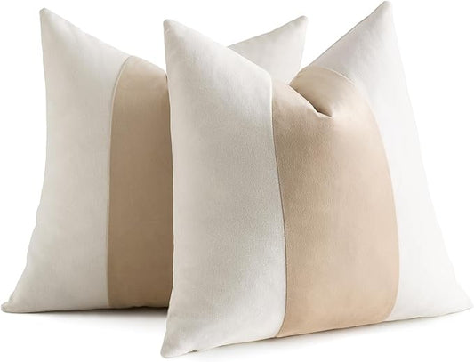 AmHoo Pack of 2 Velvet Panel Cotton Pillow Covers Decorative Pillowcase Cushion for Couch Sofa Bedroom 18 x 18-Inch Beige