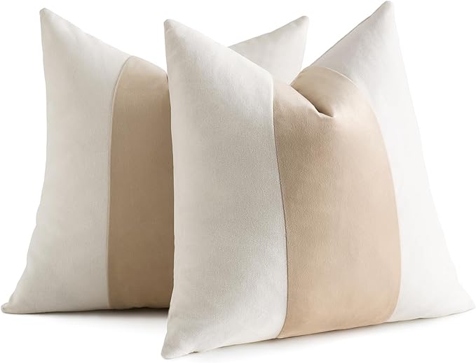 AmHoo Pack of 2 Velvet Panel Cotton Pillow Covers Decorative Pillowcase Cushion for Couch Sofa Bedroom 20 x 20-Inch Beige