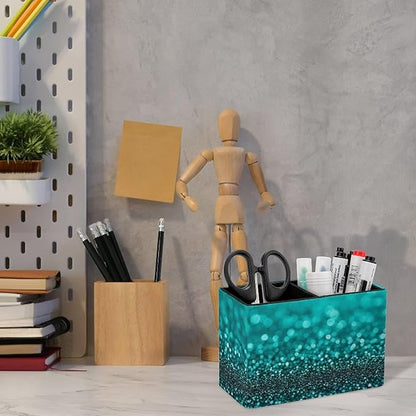 Fashion Desk Pen Holder PU Leather Desk Organize Decor, Makeup Brush Storage Teal Turquoise Green Glitter Sparkle Texture