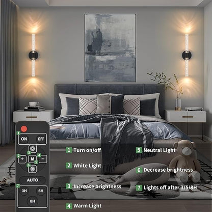 Battery Operated Wall Sconces Set of 2, Black 20'' Rechargeable Crystal Bubble Wall Sconce with Remote Control, 3000K-6000K Dimmable LED Wireless Wall Lights for Living Room Bedroom Bathroom Hallway
