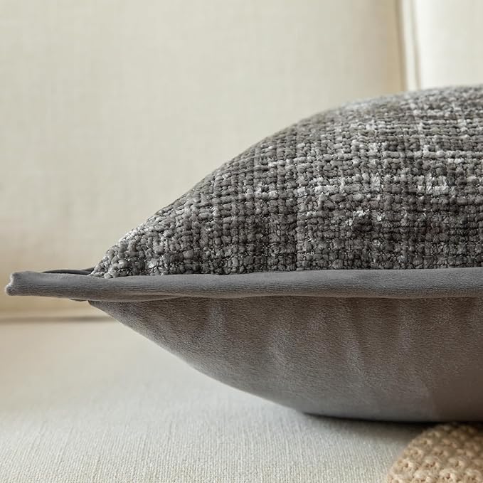 Yaertun Pack of 2 Chenille Textured Decorative Throw Pillow Covers Accent Solid Cushion Cover Soft Cozy Pillow Case with Velvet Back for Couch Sofa Bed Living Room 12x20 Inch Grey