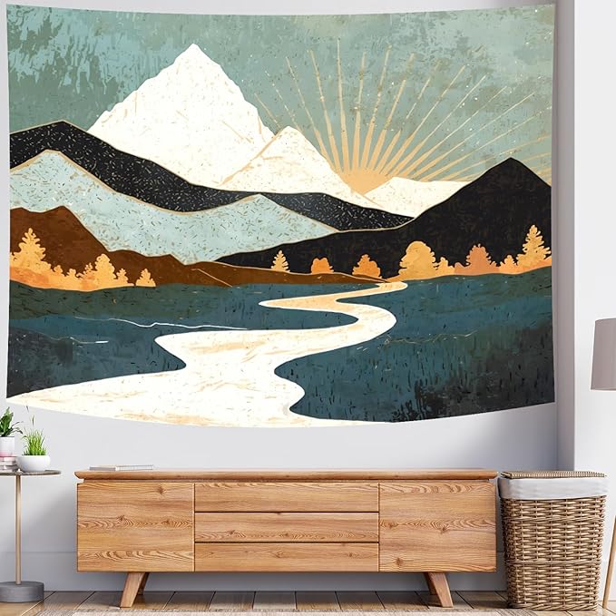 Delur Boho Mountain Tapestry Sunset Nature Forest Tree Landscape Wall Hanging Tapestry Sunrise Abstract Psychedelic Headboard for Bedroom Living Room Home Decor (59.1" x 78.7")