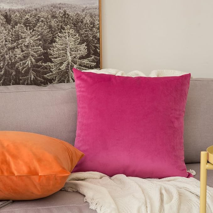 MIULEE Pack of 2, Velvet Soft Solid Decorative Square Throw Pillow Covers Set Cushion Case for Spring Sofa Bedroom Car 18x18 Inch 45x45 Cm Hot Pink