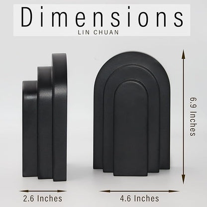 Heavy Duty Book Ends for Shelves, Decorative Bookends for Heavy Books Set of 2, 6.6 LBS Modern Book Stopper for Home Decor, Bookshelf, Aesthetic Bookend with Layered Arch Design, Black