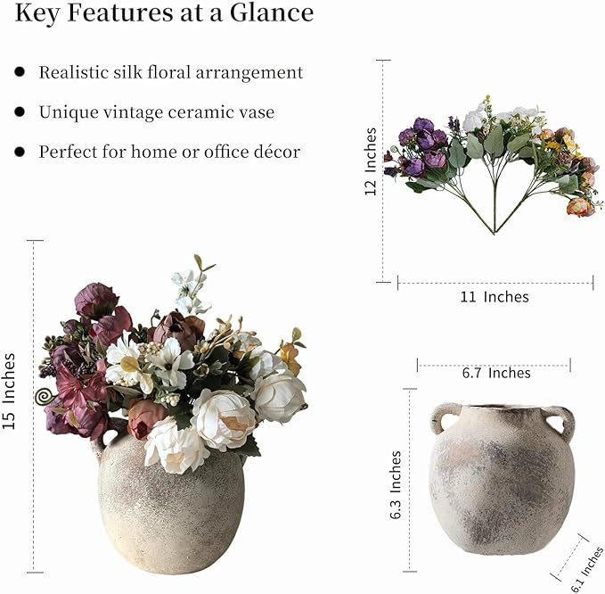 Retro-Style vase, Artificial Faux Flower Bouquet for Home Decor Indoor Fake Bouquet Faux Floral Arrangements Dining Table Centerpieces for Kitchen(Rust-Colored)
