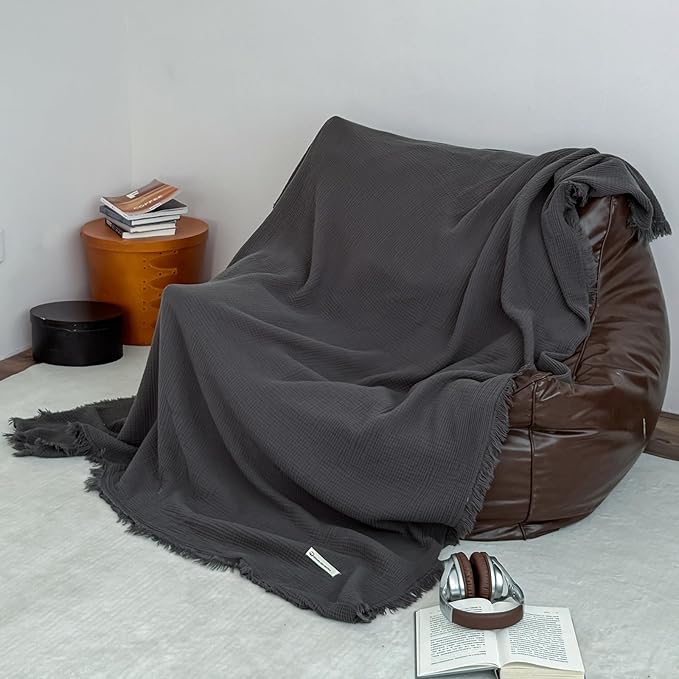 MorroMorn 100% Cotton Queen Size Bed Blanket 80"x90" Muslin Blanket with Fringes, 4-Layer Gauze Blankets for Adult, Boho Bedding Breathable Lightweight Ultra-Soft for All Seasons, Dark Grey