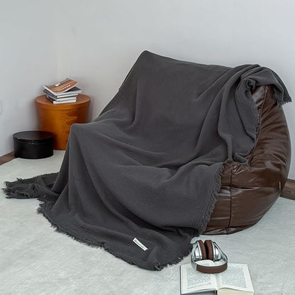 MorroMorn 100% Cotton Queen Size Bed Blanket 80"x90" Muslin Blanket with Fringes, 4-Layer Gauze Blankets for Adult, Boho Bedding Breathable Lightweight Ultra-Soft for All Seasons, Dark Grey