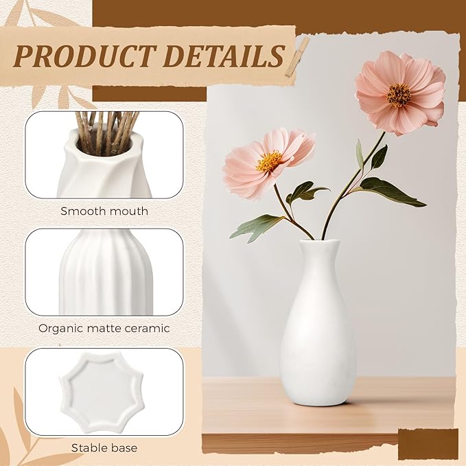 Yaomiao Set of 24 5'' White Ceramic Bud Vase Bulk Boho Rustic Small Flower Vase for Centerpieces for Wedding Home Dining Table Decoration DIY Gift, 12 Styles