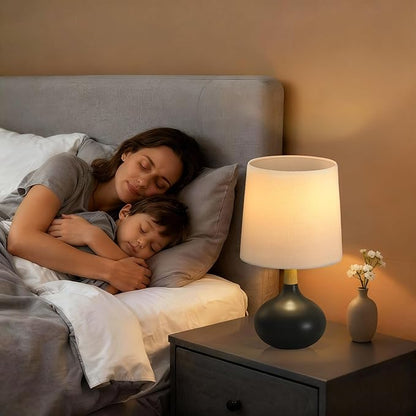 14" Ceramic Table Lamp Set of 2 with Natural Wood Stem & Linen Shade for Bedroom Decor,Modern Farmhouse Small Bedside Lamp for Nightstand, Living Room & Office (Black)