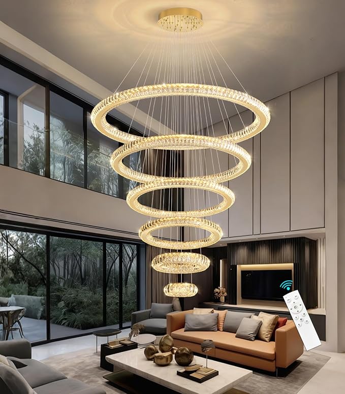 Modern Chandelier 8"+16"+24"+32"+40"+47" 6 Rings Crystal LED Dimmable Lighting Foyer Entryway High Ceiling Living Room Chanderliers Pendant Lights Fixtures Gold Light