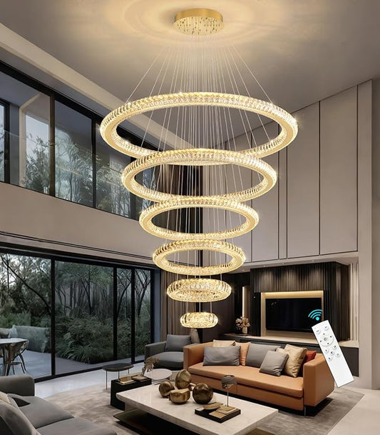 Modern Chandelier 8"+16"+24"+32"+40"+47" 6 Rings Crystal LED Dimmable Lighting Foyer Entryway High Ceiling Living Room Chanderliers Pendant Lights Fixtures Gold Light