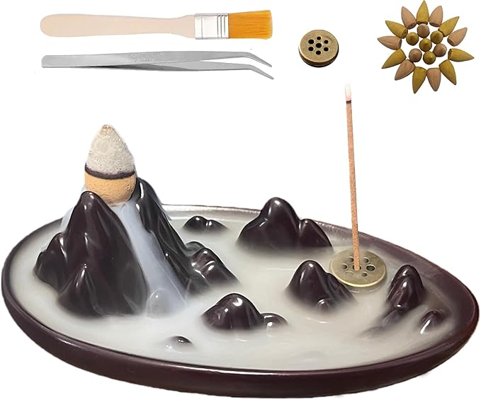 Backflow Incense Burner,Incense Holder,Ceramic Incense Burner with 20 Backflow Incense Cones,Tweezers and Brush