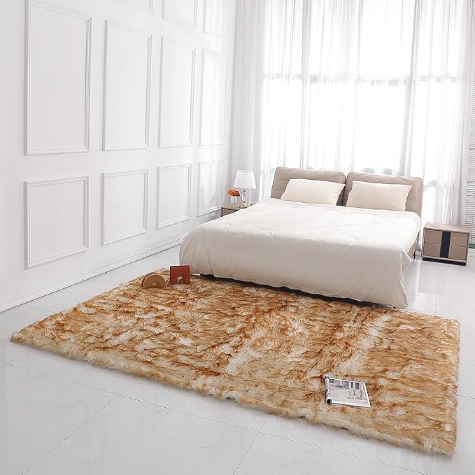 Faux Fur Rug Sheepskin Shag Fluffy Fuzzy 6x9 ft Rugs for Bedroom Bedside Bed Floor Living Room Plush Rectangle High-Density Cushion Carpet Super Sofa Cover White and Yellow