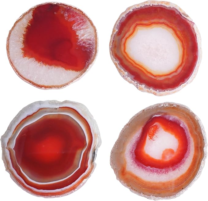 Orange Red Agate Coasters Set of 4 with Rubber Bumpers - Fiery 3-4 Inch Dyed Geode Stone Drink Coasters for Home Bar, Table Decor, Gift