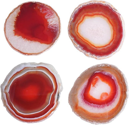 Orange Red Agate Coasters Set of 4 with Rubber Bumpers - Fiery 3-4 Inch Dyed Geode Stone Drink Coasters for Home Bar, Table Decor, Gift