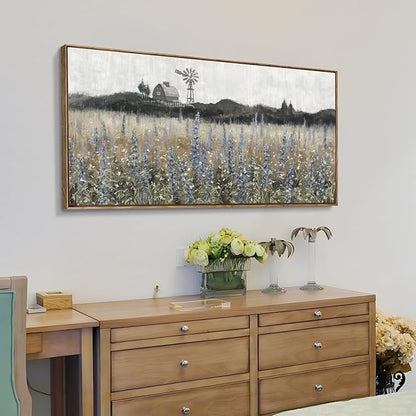 Framed Canvas Wall Art for Living Room Rustic Farmhouse Scenery Vintage Countryside Windmill Barn Picture Nature Wilderness Landscape Wildflower Field Meadow Print Painting Retro Artwork 48"W x 24"H