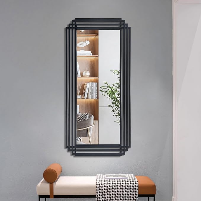 Black Rectangle Mirror, 47"x22" Art Deco Wall Mirrors with Geometric Metal Frame, Modern Elegant Mirror for Living Room Bathroom Bedroom Entryway Hallway, Hangs Vertically or Horizontally