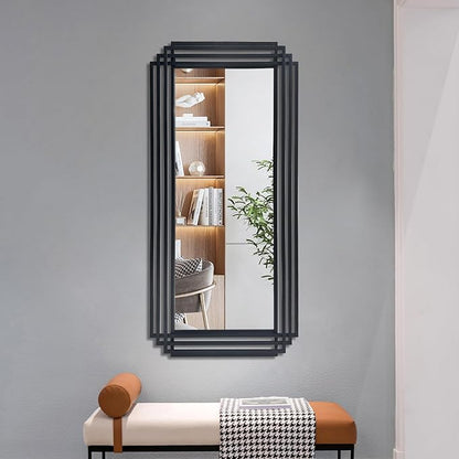 Black Rectangle Mirror, 47"x22" Art Deco Wall Mirrors with Geometric Metal Frame, Modern Elegant Mirror for Living Room Bathroom Bedroom Entryway Hallway, Hangs Vertically or Horizontally