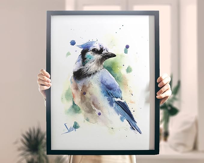 Watercolor Blue Jay Wall Art Print - Perched Bird Painting - Animal Decor