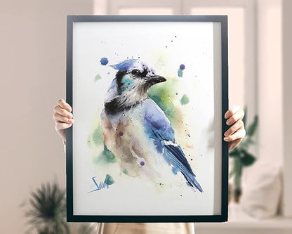 Watercolor Blue Jay Wall Art Print - Perched Bird Painting - Animal Decor