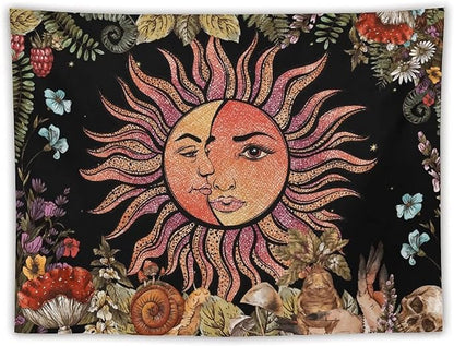 Vintage Sun Tapestry,Boho Hippie Mushroom Plant Botanical Sun and Moon Art Tapestries Wall Hanging for Dorm Living Room Bedroom Decor(60"x80")