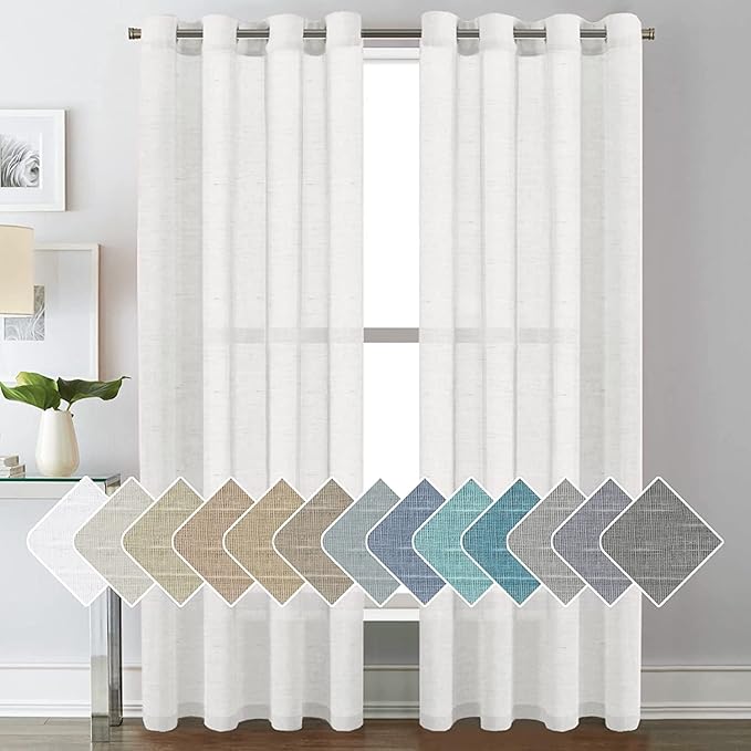 H.VERSAILTEX White Sheer Linen Curtains for Living Room 84 inches Long Bedroom Curtains 2 Panel Sets Grommet Semi Sheer Elegant Soft Light Filter Window Treatments Curtain, White