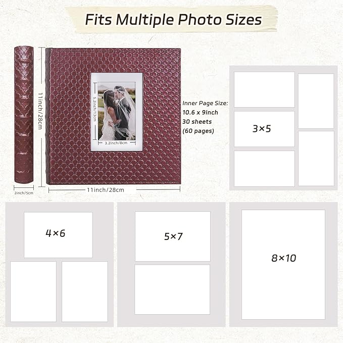 RECUTMS 60 Pages Picture Album Self Adhesive 4x6 5x7 8x10 Leather Cover DIY Magnetic Scrapbook Album Suitable Wedding Photo Album Baby Picture Book Family Scrapbook Photo Album (Wine Red)