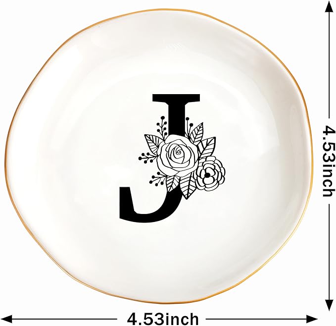 JoycuFF Initial J Ceramic Jewelry Tray, Bridesmaid Bride Gifts, Best Friend Mom Grandma Sister Engagement Birthday Gifts for Women, Trinket Dish for Rings Earrings Necklaces Bracelets Keys