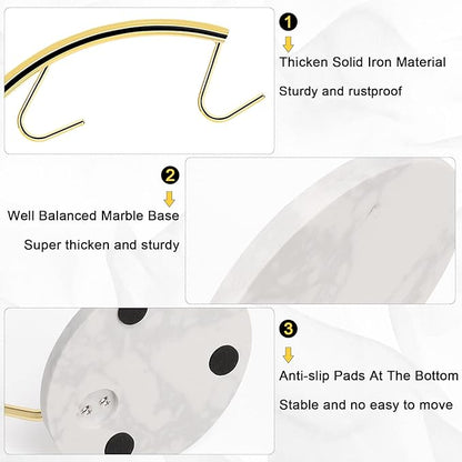 Livabber Banana Holder with Marble Base, Metal Banana Hanger Modern Tree Stand with Hook, Stylish Banana Keeper Fresh Fruit Storage Organizer Freestanding for Kitchen Countertop (Gold, Double Hook)