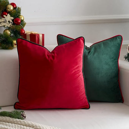 LIGICKY Set of 2 Christmas Dark Green Velvet Throw Pillow Covers Modern Minimalist Style Solid Decorative Red Rope Edging Soft Square Cushion Cases for Sofa Bedroom Party Décor, 18 x 18 inch