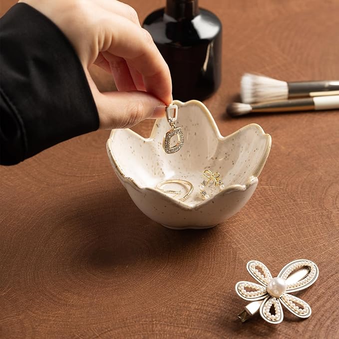 Floral Ceramic Jewelry Tray - 3.5" Elegant Ring Holder Dish & Trinket Bowl for Vanity Dresser Decors (grey)