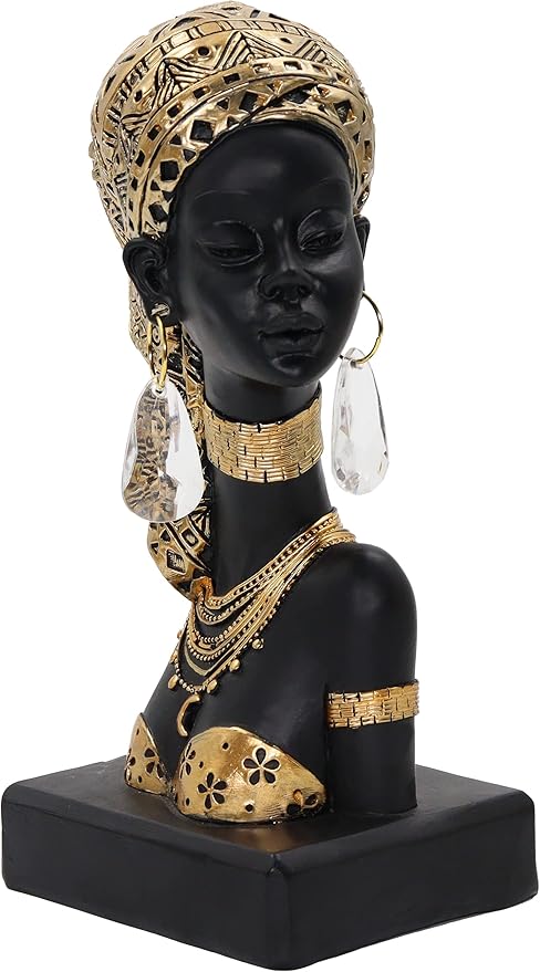 African Lady Bust Sculpture with Golden Headwrap – Resin Figurine with Earrings and Necklace, Modern African Woman Statue for Home Decor and Cultural Gift