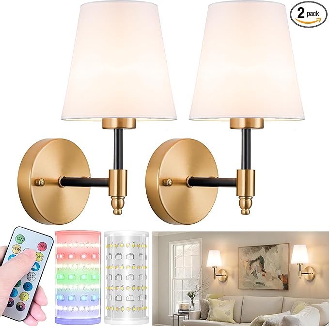 Battery Operated Wall Sconces Set of 2, Wireless Wall Light with 10000mAh RGB Dimmable Magnetic Bulb, Rechargeable Wall Sconce with Remote Control for Bedroom Living Room