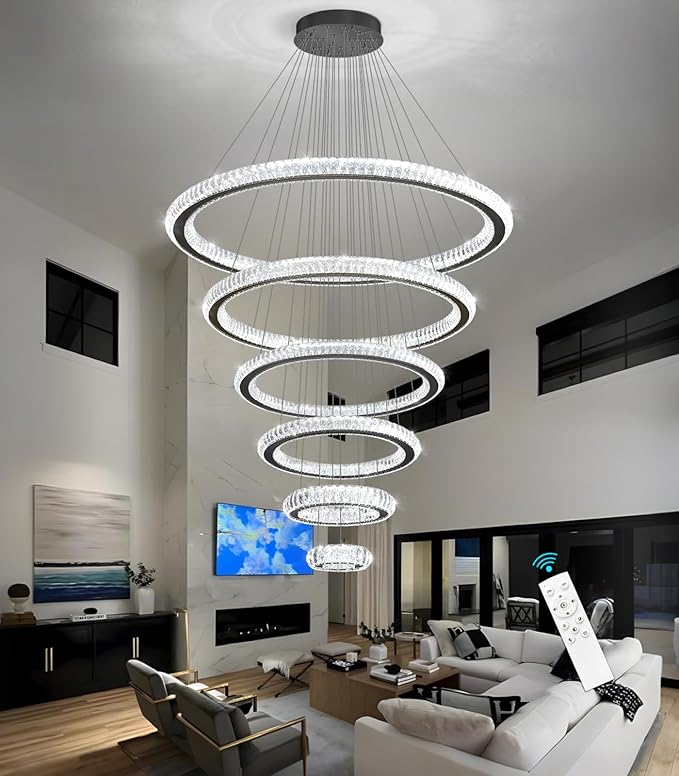 Modern Chandelier 8"+16"+24"+32"+40"+47" 6 Rings Crystal LED Dimmable Lighting Foyer Entryway High Ceiling Living Room Chanderliers Pendant Lights Fixtures Black Light
