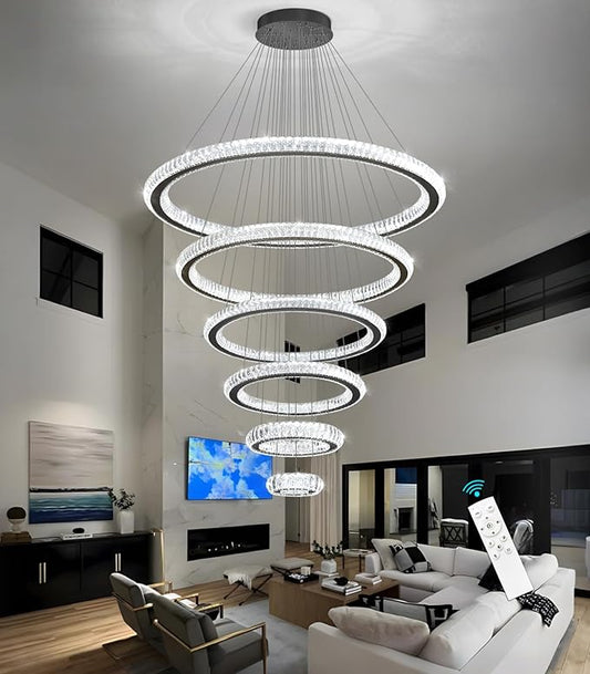 Modern Chandelier 8"+16"+24"+32"+40"+47" 6 Rings Crystal LED Dimmable Lighting Foyer Entryway High Ceiling Living Room Chanderliers Pendant Lights Fixtures Black Light
