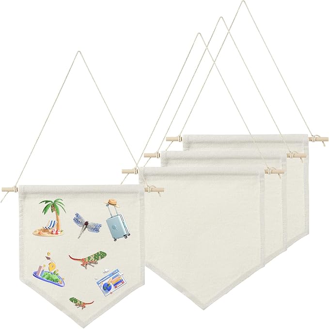 3 Pack Blank Hanging Banner for DIY Crafts，Cotton Canvas Pennant Flags with Wooden Rods, Small Wall Hanging Sign for Wedding, Party, Home Decoration, Paintable Embroidery Friendly
