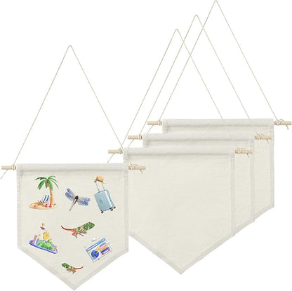 3 Pack Blank Hanging Banner for DIY Crafts，Cotton Canvas Pennant Flags with Wooden Rods, Small Wall Hanging Sign for Wedding, Party, Home Decoration, Paintable Embroidery Friendly
