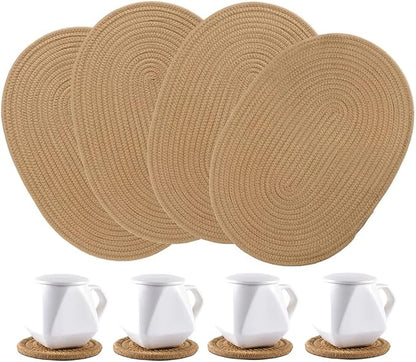 4 Pack Oval Jute Woven Placemats and Set of 4 Round Fabric Coasters, Cotton Braided Placemats Set, Dining Table Mat, Heat-Resistant Pot Holders, Washable Place Mats