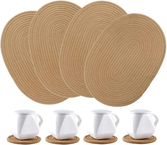 4 Pack Oval Jute Woven Placemats and Set of 4 Round Fabric Coasters, Cotton Braided Placemats Set, Dining Table Mat, Heat-Resistant Pot Holders, Washable Place Mats