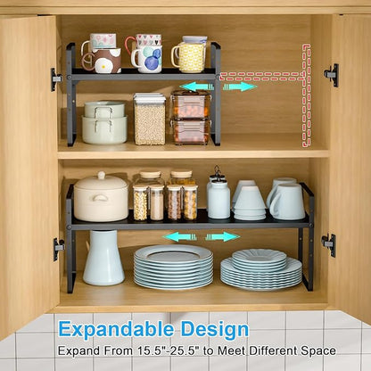 25.5 Inches 2 Pack Expandable Cabinet Shelves, Stackable Shelf Organizer for Kitchen Cabinet Countertop Storage, Adjustable Counter Cupboard Pantry Organizer Shelf Rack Stand Riser, Black