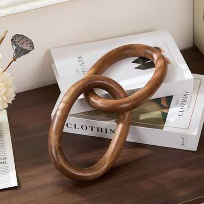 Acacia Wood Chain Link Decor, Natural Wooden Knot Shelf Decors for Coffee Table, Bookshelf, Console Table Decorations, Decorative Handcrafted Modern Home Accent, 13x6 Inch
