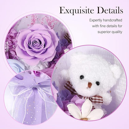 Preserved Flowers Bouquet with Bear, 3 Real Forever Flowers for Delivery, Long-Lasting Purple Eteranl Roses Bouquet, Anniversary Birthday Valentine Gifts for Women Mom Grandma Her Wife Girlfriend